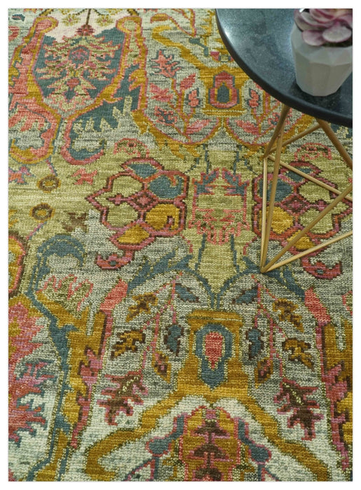 Transitional Green, Pink, Silver and Gold Hand Knotted Custom Made wool area rug