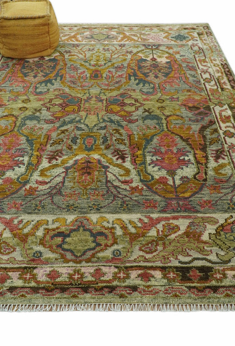 Transitional Green, Pink, Silver and Gold Hand Knotted Custom Made wool area rug