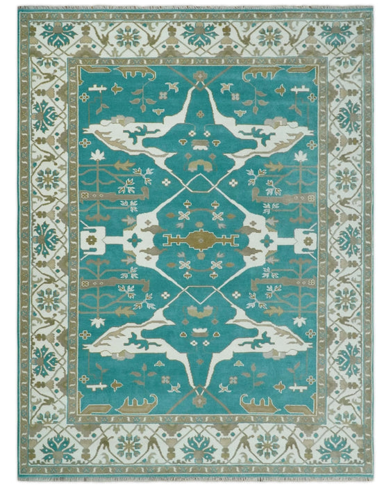Teal and Ivory Hand knotted Oriental Oushak 9x12 wool Area Rug