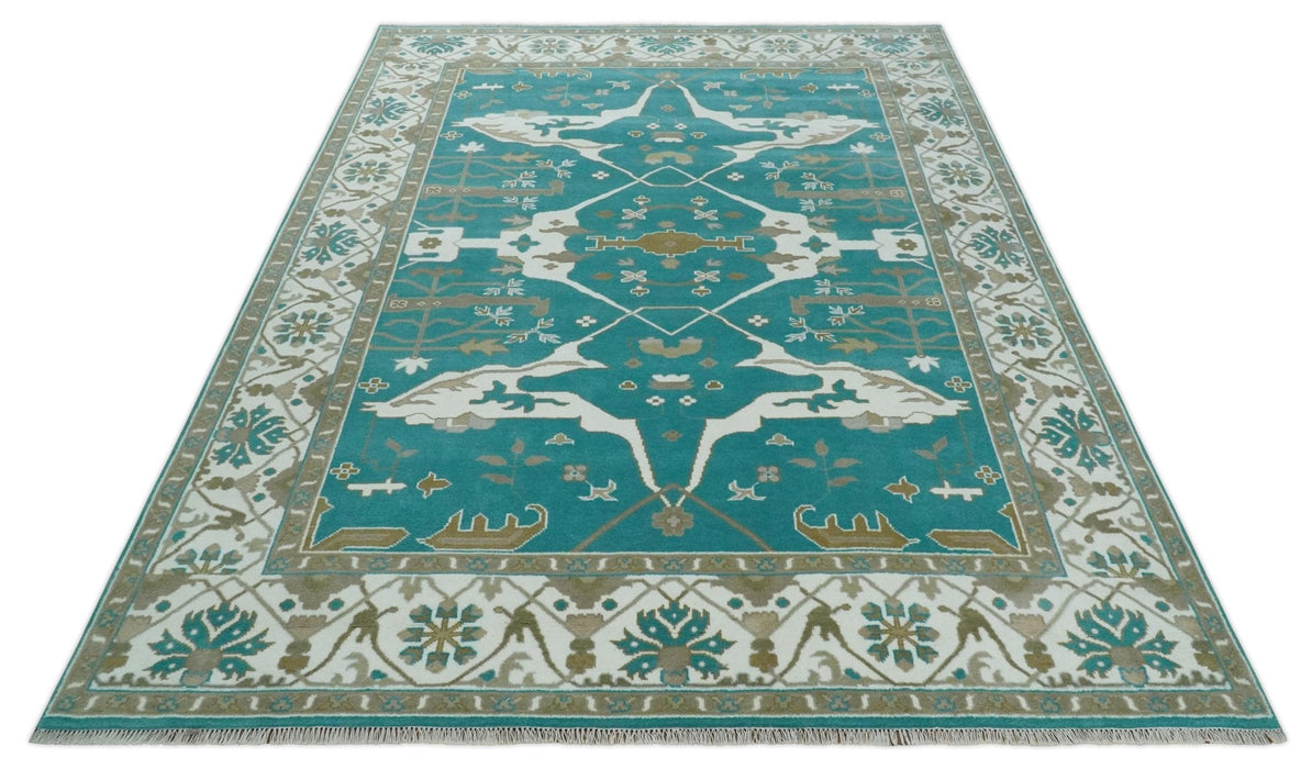 Teal and Ivory Hand knotted Oriental Oushak 9x12 wool Area Rug