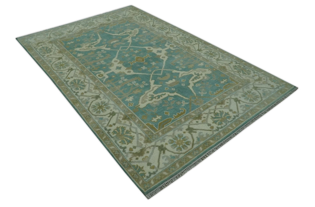 Teal and Ivory Hand Knotted Traditional Oriental Oushak Custom Made wool rug