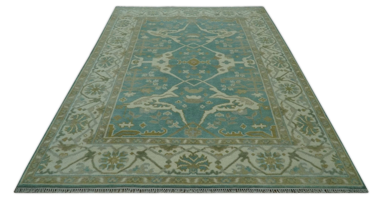 Teal and Ivory Hand Knotted Traditional Oriental Oushak Custom Made wool rug