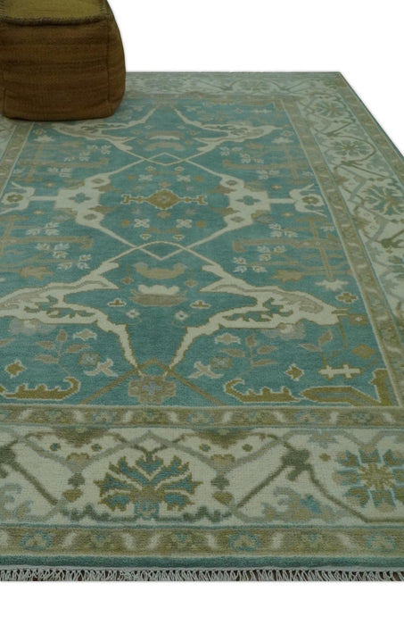 Teal and Ivory Hand Knotted Traditional Oriental Oushak Custom Made wool rug