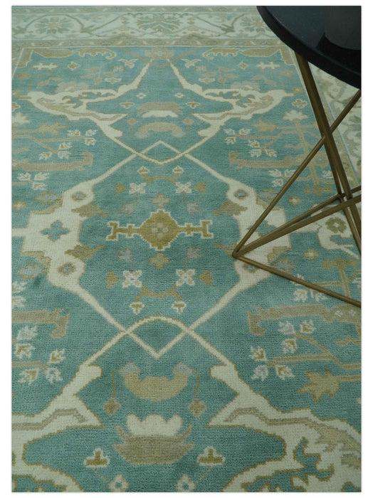 Teal and Ivory Hand Knotted Traditional Oriental Oushak Custom Made wool rug