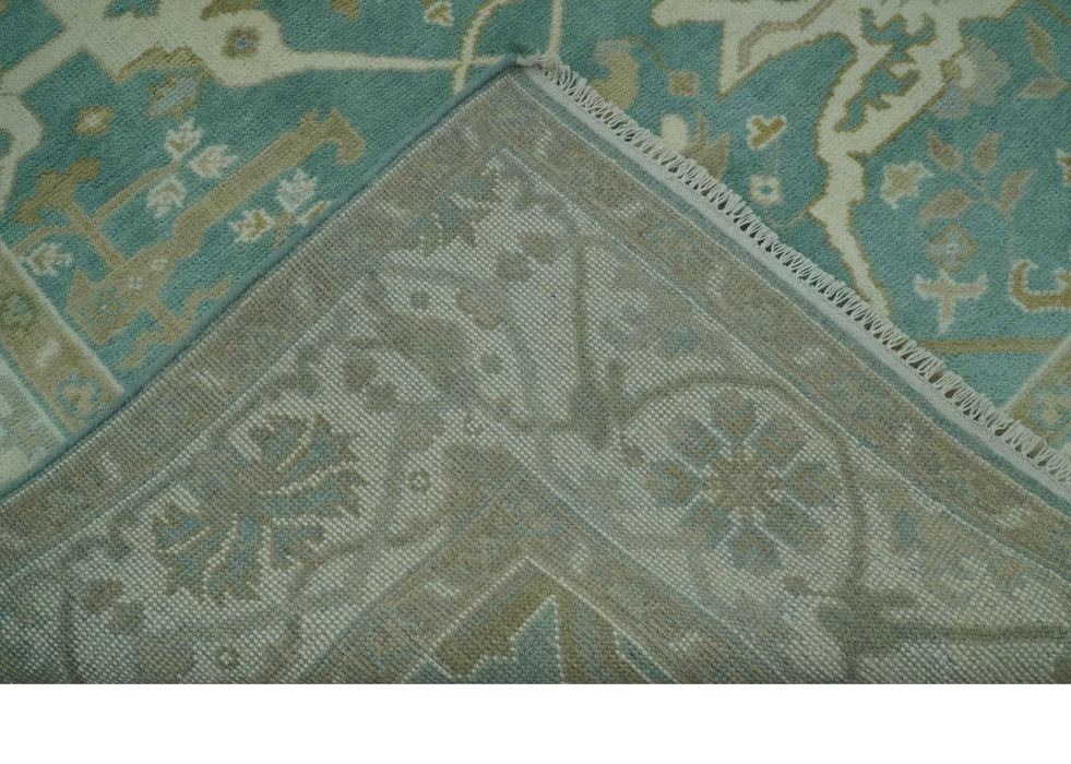 Teal and Ivory Hand Knotted Traditional Oriental Oushak Custom Made wool rug