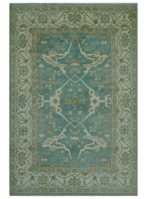 Teal and Ivory Hand Knotted Traditional Oriental Oushak Custom Made wool rug