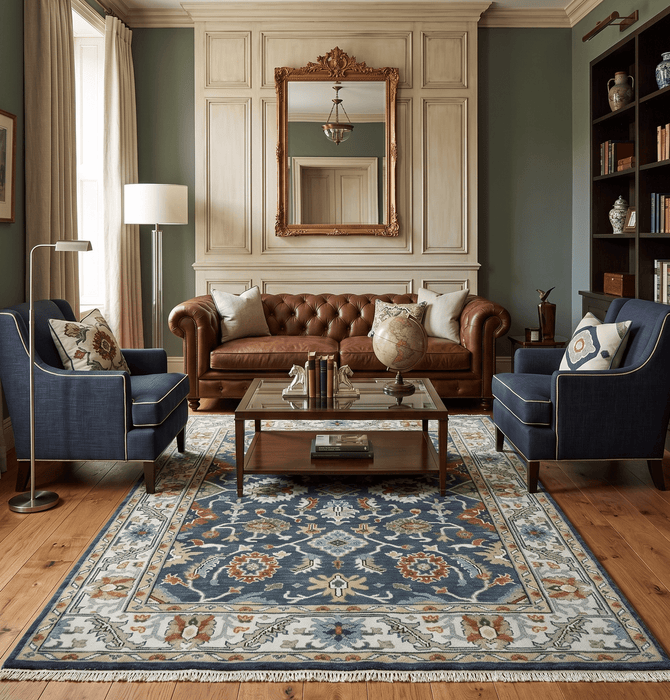 Teal and Ivory Traditional Oriental Oushak Custom Made Hand Knotted Wool Area Rug