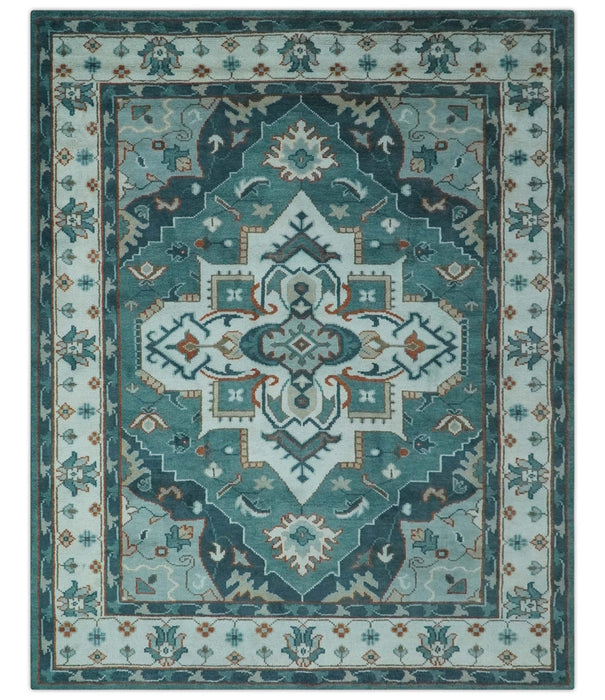 Teal and Silver Traditional Heriz Floral Hand Knotted Multi Size wool Area Rug