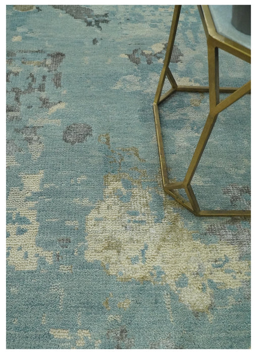 Teal, Beige, Silver and Charcoal Modern abstract Hand Knotted 5x8 wool Area Rug