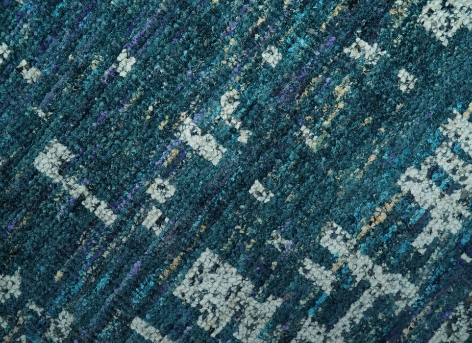 Teal, Blue and Silver 5x8 Hand Knotted Modern Abstract Art Silk Area Rug