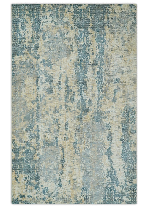 Teal, Gold and Ivory Modern Abstract 5x8 Hand loom wool and Viscose Area Rug