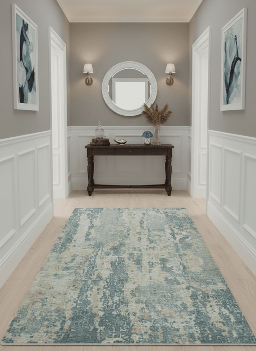 Teal, Gold and Ivory Modern Abstract 5x8 Hand loom wool and Viscose Area Rug