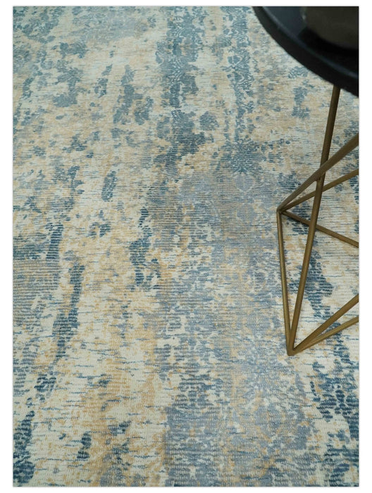 Teal, Gold and Ivory Modern Abstract 5x8 Hand loom wool and Viscose Area Rug
