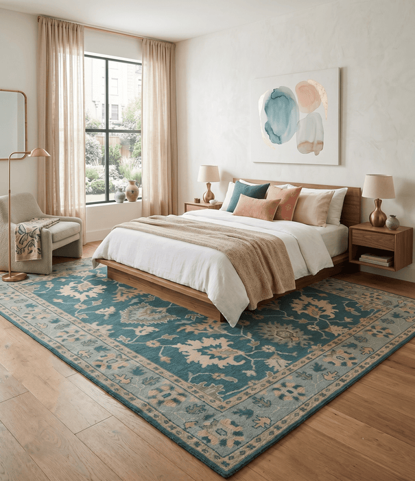 Teal, Gray and Beige Hand Knotted Traditional Oushak Custom Made wool Area Rug