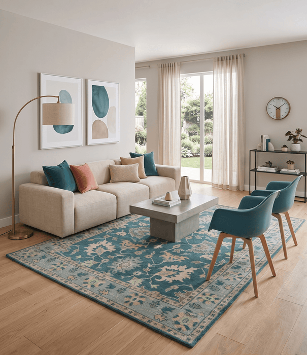 Teal, Gray and Beige Hand Knotted Traditional Oushak Custom Made wool Area Rug