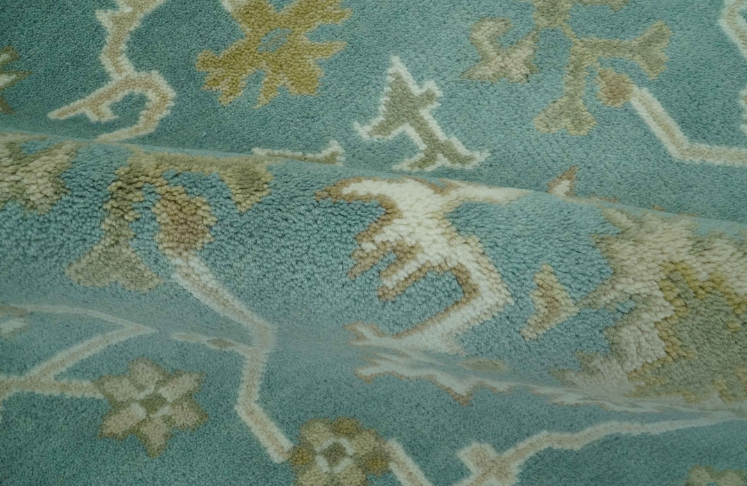 Teal, Ivory and Olive Hand Knotted 6x9 Traditional Oriental Oushak wool rug