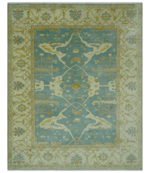 Teal, Olive and Beige Hand Knotted 8x10 Traditional Oriental Oushak wool area rug