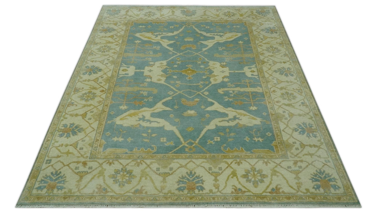 Teal, Olive and Beige Hand Knotted 8x10 Traditional Oriental Oushak wool area rug