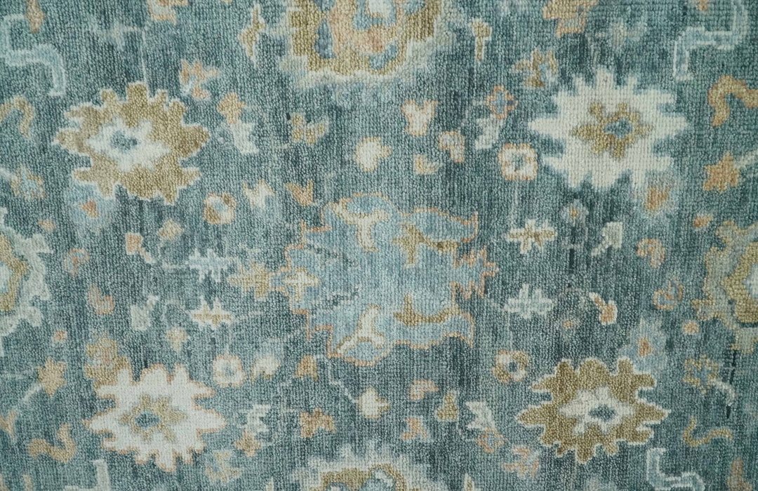 Teal, Olive and Silver Antique Style Hand knotted 8x10 Oushak wool Area Rug