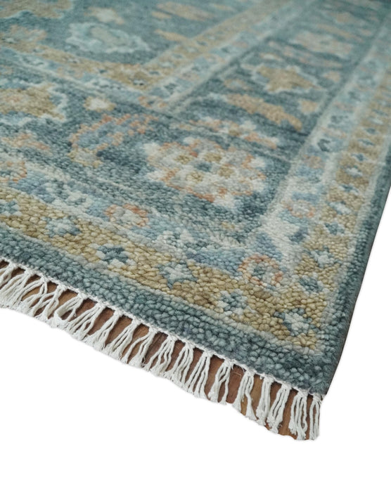 Teal, Olive and Silver Antique Style Hand knotted 8x10 Oushak wool Area Rug