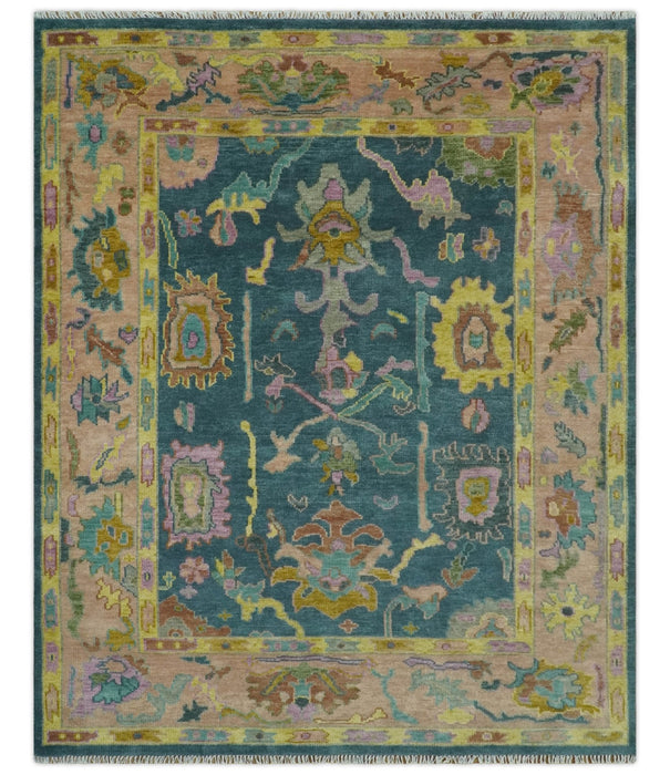 Teal, Peach and Mustard Hand Knotted Oriental Oushak 8x10 wool area Rug