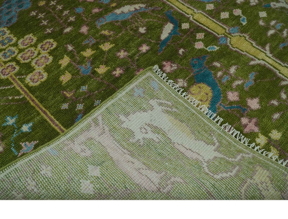The Green Jungle Life Teal and Peach Peacock Bird Hand Knotted 8x10 Wool Area Rug