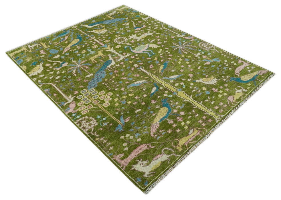 The Green Jungle Life Teal and Peach Peacock Bird Hand Knotted 8x10 Wool Area Rug