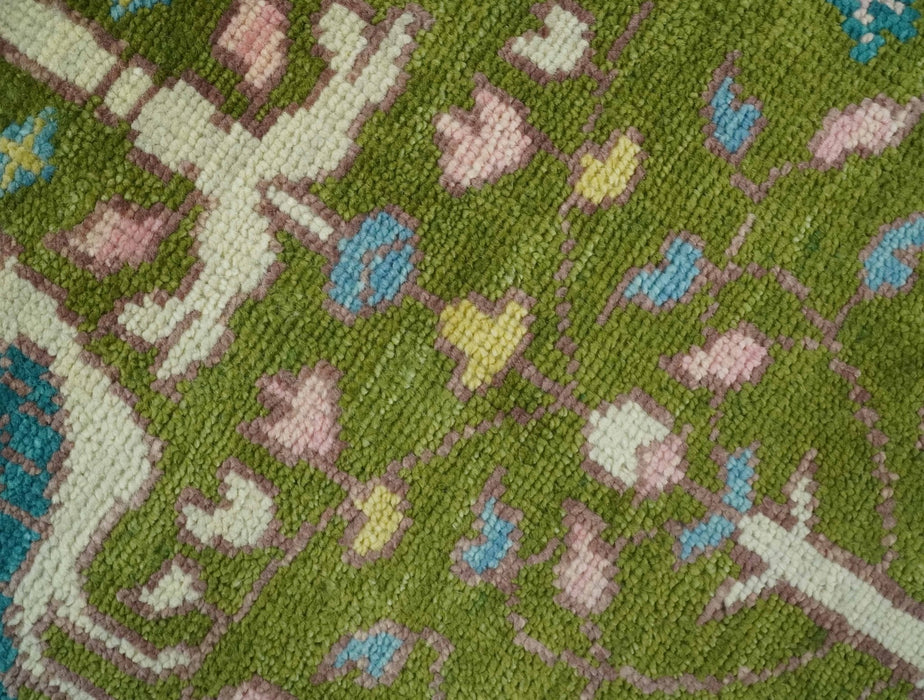 The Green Jungle Life Teal and Peach Peacock Bird Hand Knotted 8x10 Wool Area Rug