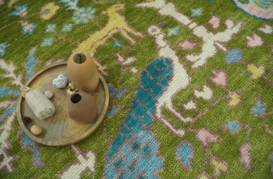 The Green Jungle Life Teal and Peach Peacock Bird Hand Knotted Custom Made Wool Area Rug