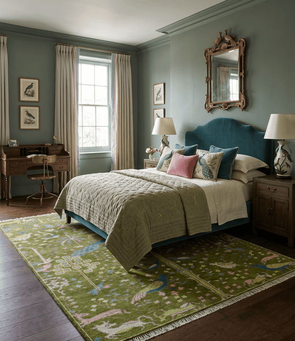 The Green Jungle Life Teal and Peach Peacock Bird Hand Knotted Custom Made Wool Area Rug