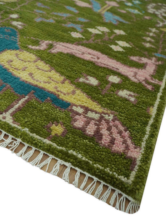 The Green Jungle Life Teal and Peach Peacock Bird Hand Knotted Custom Made Wool Area Rug