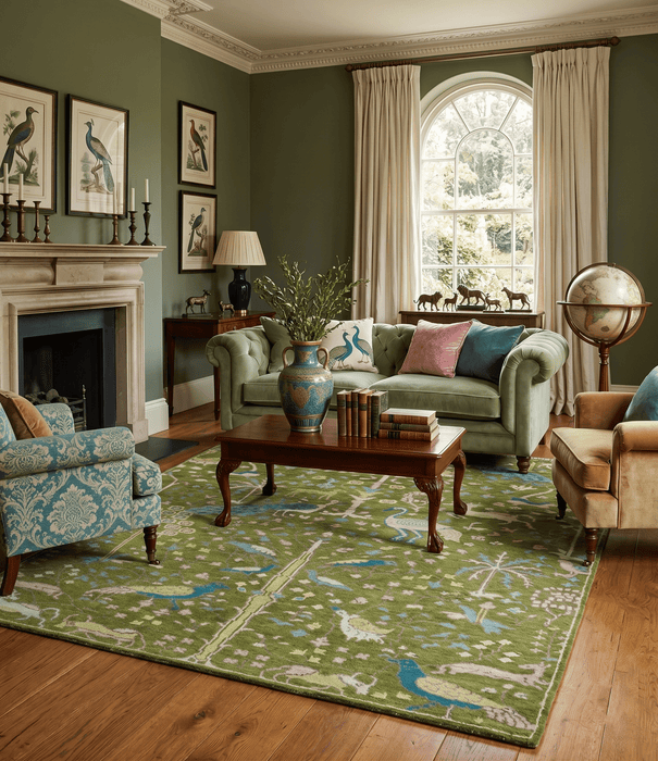 The Green Jungle Life Teal and Peach Peacock Bird Hand Knotted Custom Made Wool Area Rug