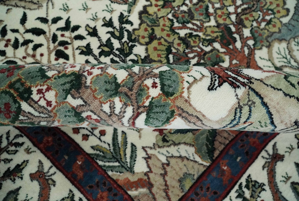 The Jungle Life Hunter and the King Animal Tree Rug Hand Knotted Ivory and Olive Wool
