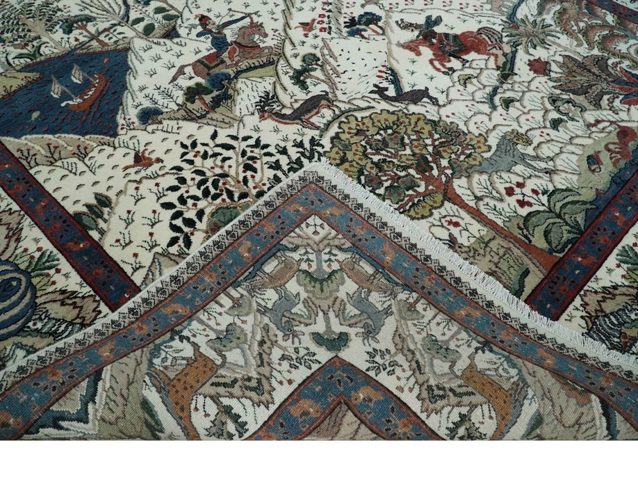 The Jungle Life Hunter and the King Animal Tree Rug Hand Knotted Ivory and Olive Wool