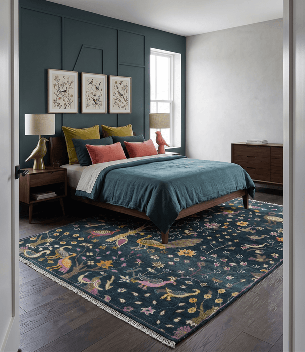 The Jungle Life Peacock on tree Rug Hand Knotted 8x10 Green Wool Rug