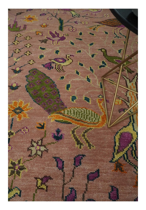 The Jungle Life Peacock on tree Rug Hand Knotted 8x10 Peach Wool Rug
