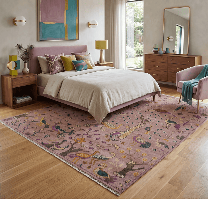 The Jungle Life Peacock on tree Rug Hand Knotted 8x10 Peach Wool Rug