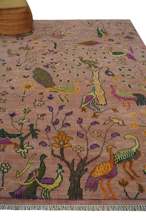 The Jungle Life Peacock on tree Rug Hand Knotted 8x10 Peach Wool Rug