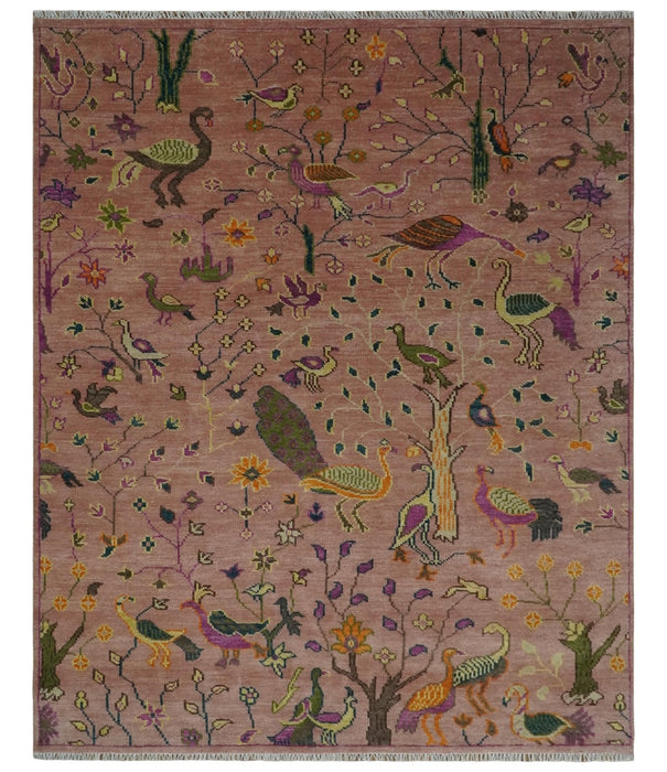 The Jungle Life Peacock on tree Rug Hand Knotted 8x10 Peach Wool Rug