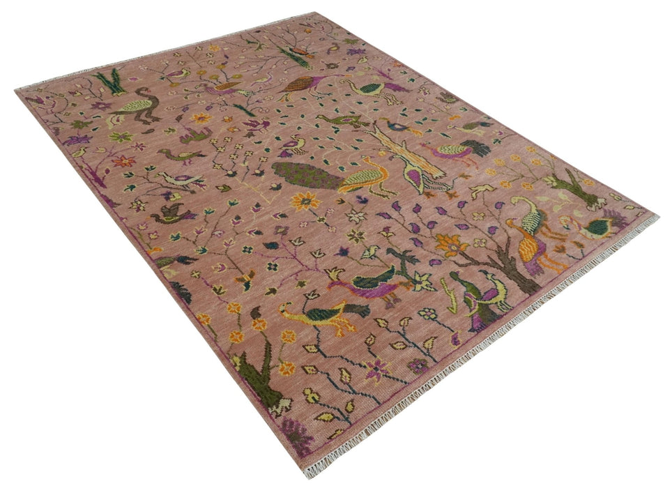 The Jungle Life Peacock on tree Rug Hand Knotted 8x10 Peach Wool Rug