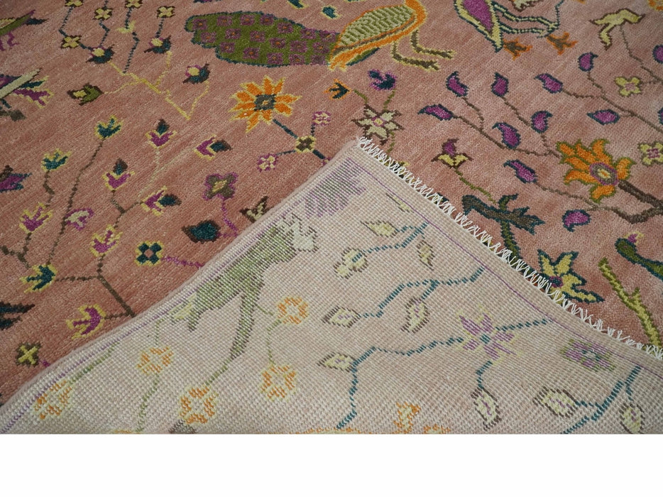The Jungle Life Peacock on tree Rug Hand Knotted 8x10 Peach Wool Rug