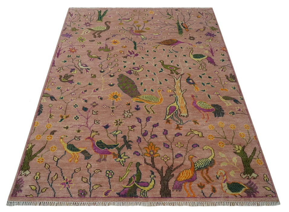 The Jungle Life Peacock on tree Rug Hand Knotted 8x10 Peach Wool Rug