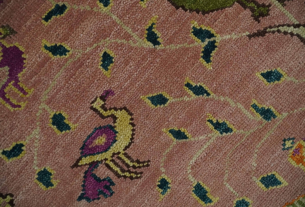 The Jungle Life Peacock on tree Rug Hand Knotted 8x10 Peach Wool Rug