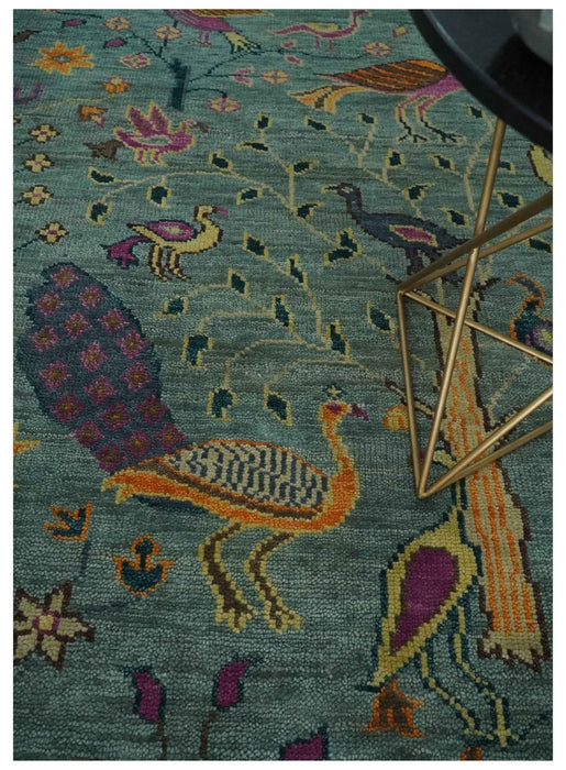 The Jungle Life Peacock on tree Rug Hand Knotted Multi Size Green Wool Rug