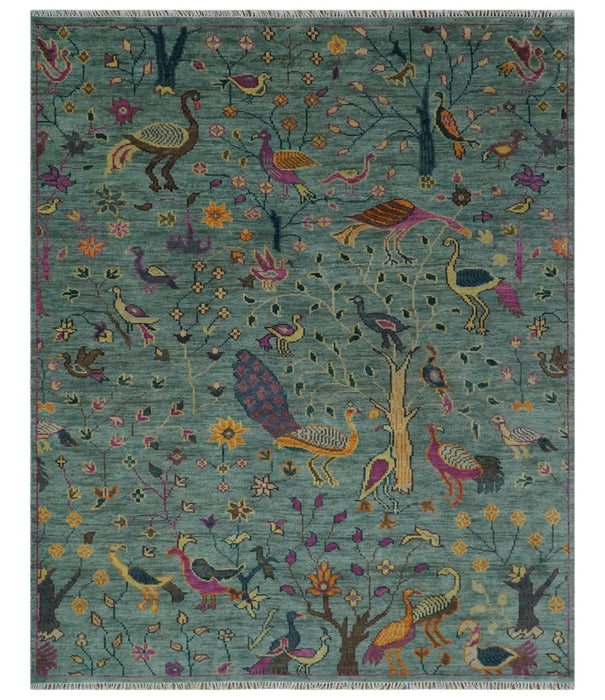 The Jungle Life Peacock on tree Rug Hand Knotted Multi Size Green Wool Rug