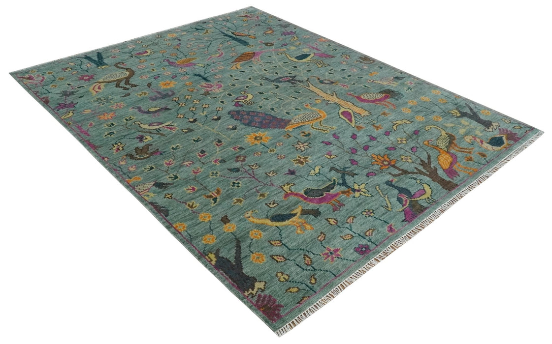 The Jungle Life Peacock on tree Rug Hand Knotted Multi Size Green Wool Rug