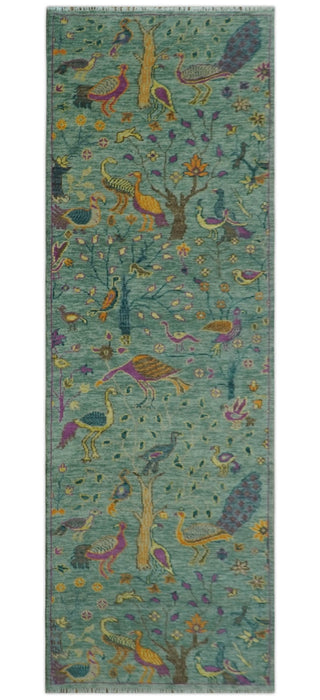 The Jungle Life Peacock on tree Rug Hand Knotted Multi Size Green Wool Rug