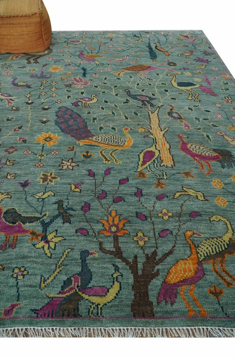 The Jungle Life Peacock on tree Rug Hand Knotted Multi Size Green Wool Rug