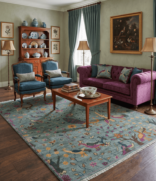 The Jungle Life Peacock on tree Rug Hand Knotted Multi Size Green Wool Rug