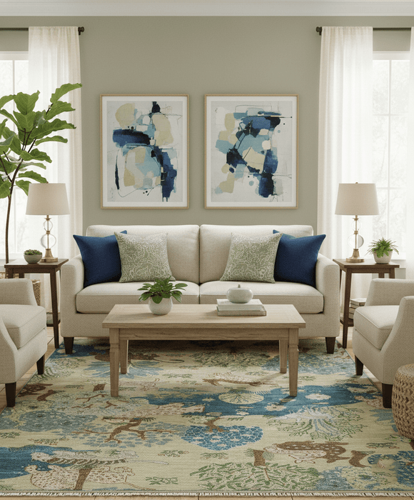 The Jungle Pond Custom Made Blue And Beige Hand Knotted Wool Rug